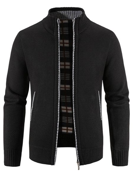 Funnel Neck Contrast Plaid Lining Zip Up Jacket