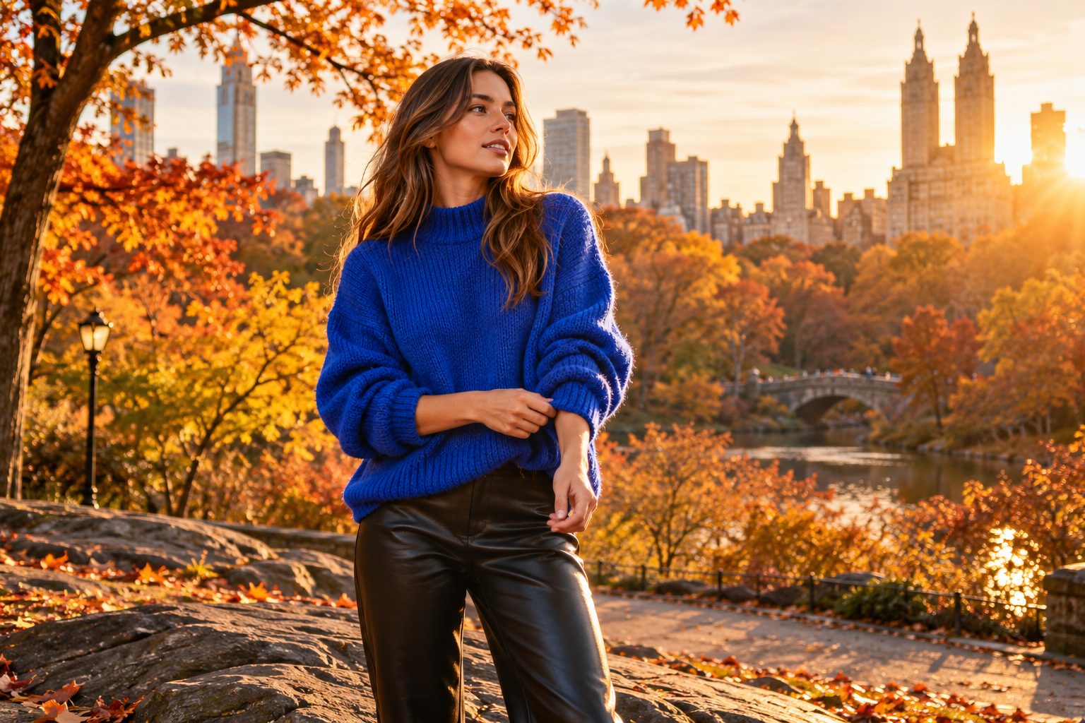 Model in cobalt blue oversized knit sweater adjusting cuff in autumn park during golden hour.