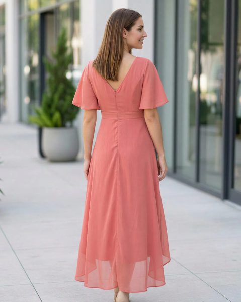 Women Flutter Sleeve Ruffled Hem Mock Wrap A-Line Dress
