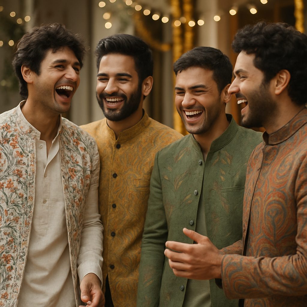 Group of Indian men in festive wear with Kantha embroidery
