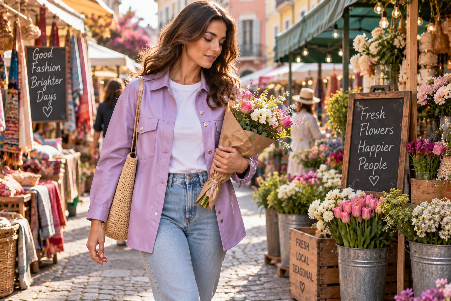 Model in pastel lavender leather shacket at a vibrant street market