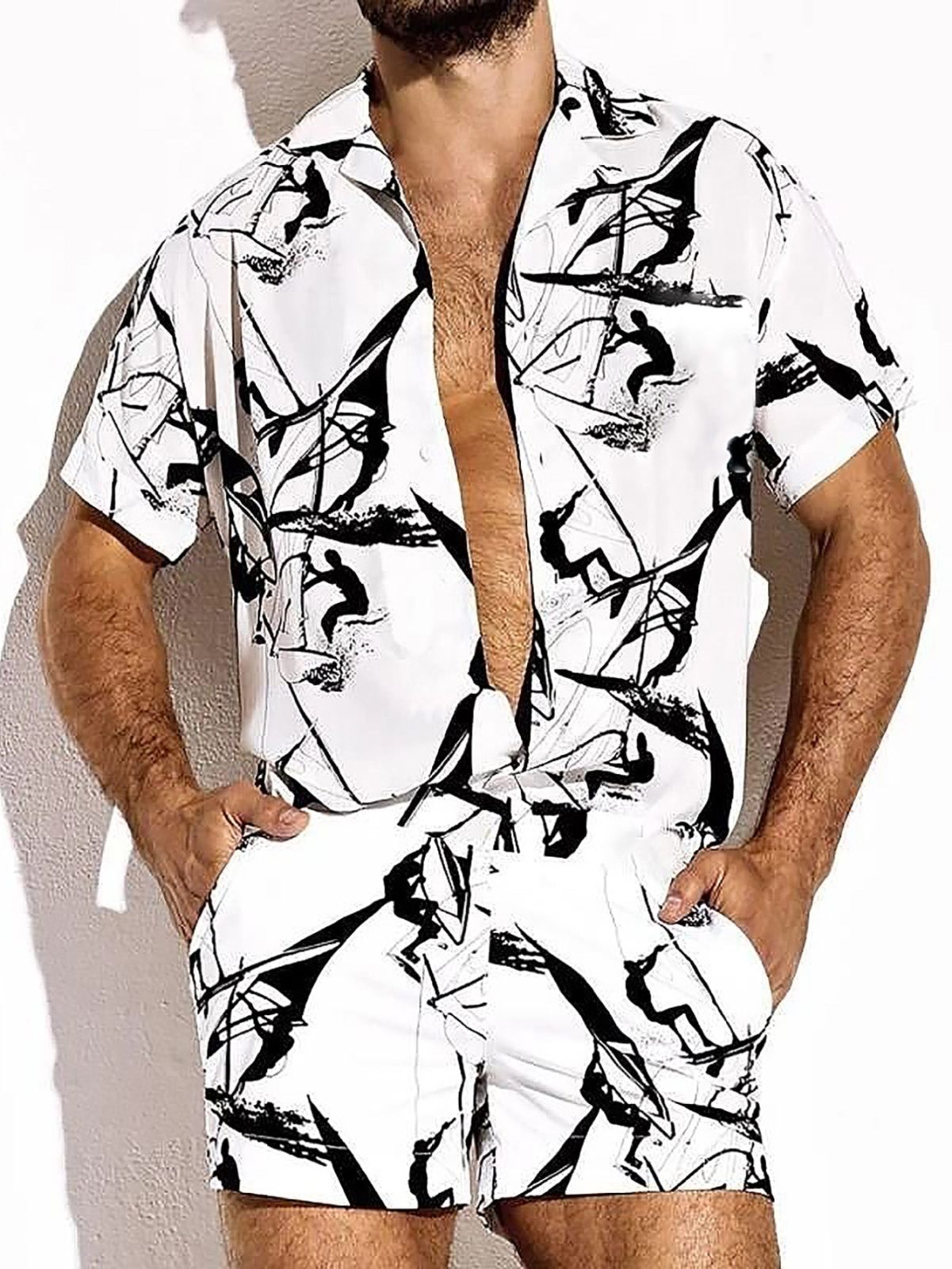 White Figure and Sailing Print Shirt with Shorts