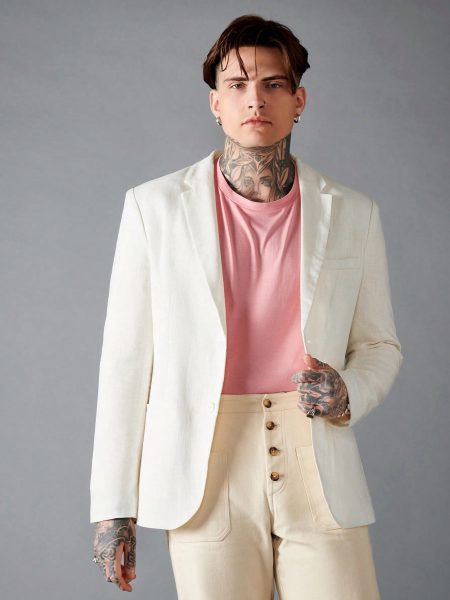 Beige Solid Single Button Single Breasted Blazer