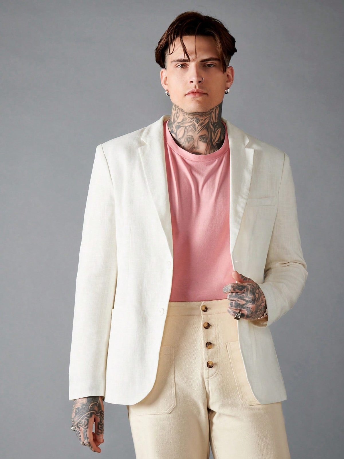 Beige Solid Single Button Single Breasted Blazer