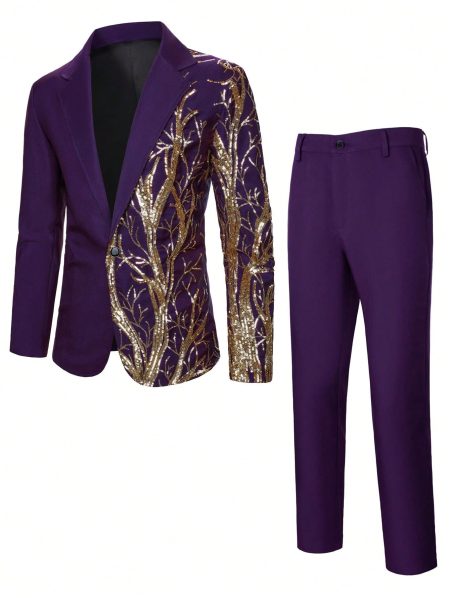 Sequined Plant Pattern Long Sleeve Blazer with Pant Suit Set
