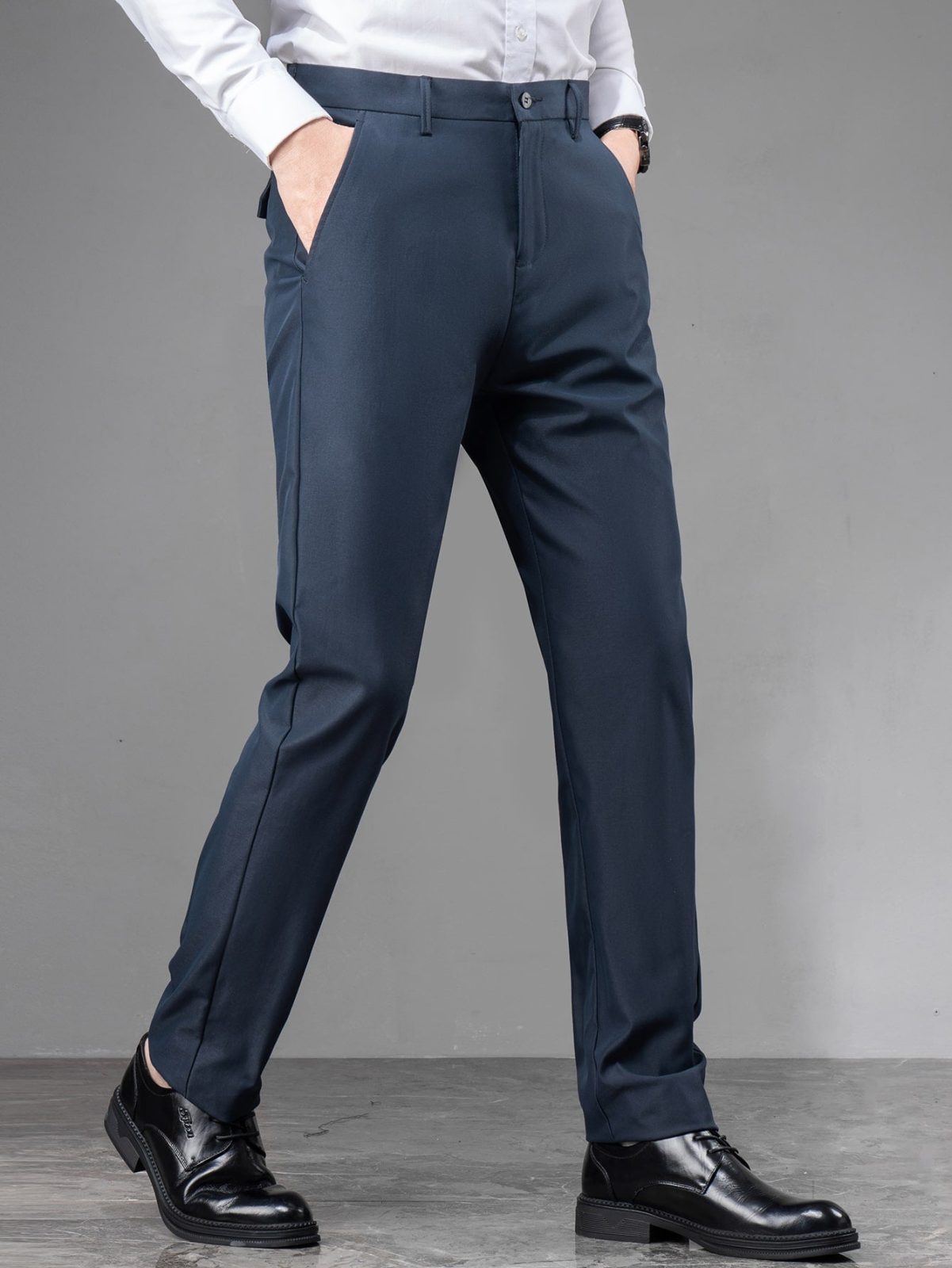 Navy Blue Slant Pocket Zipper Fly Tailored Trousers