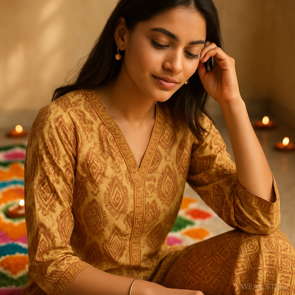 Close-up of Indian woman in a printed co-ord set against colorful rangoli and diyas.