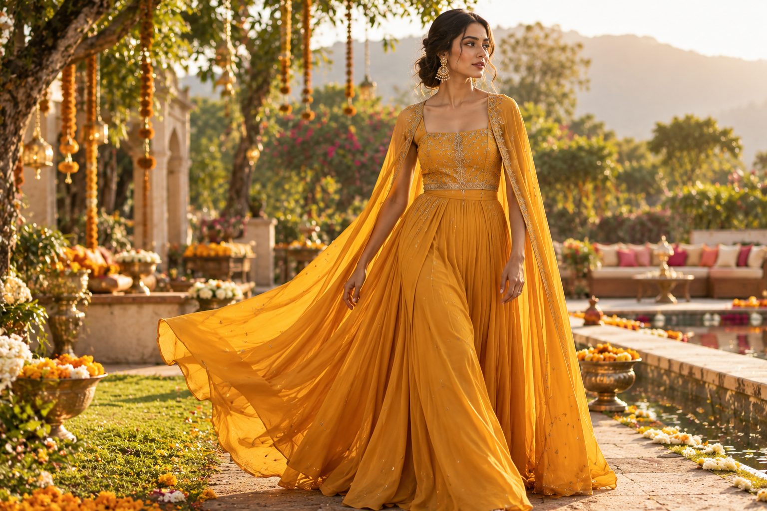 Woman in marigold cape-style gown walking through a sunlit garden.