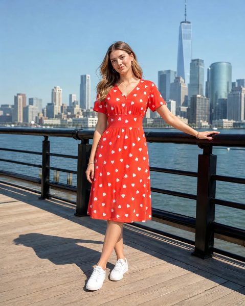 Short Sleeve Novelty Heart Print Panelled A-Line Dress