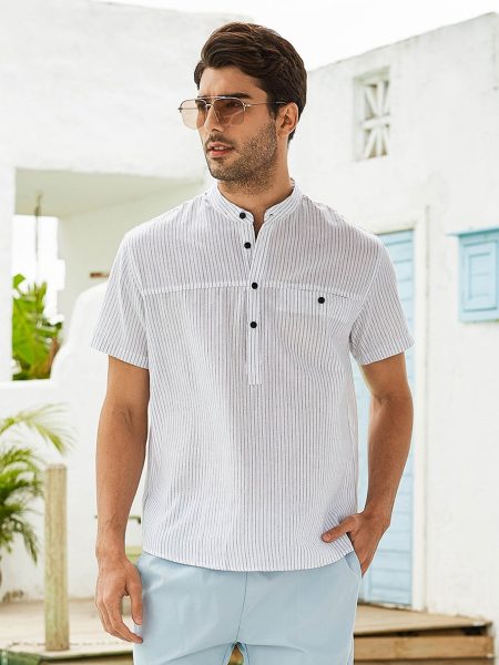 White Pinstriped Print Half Button Shirt