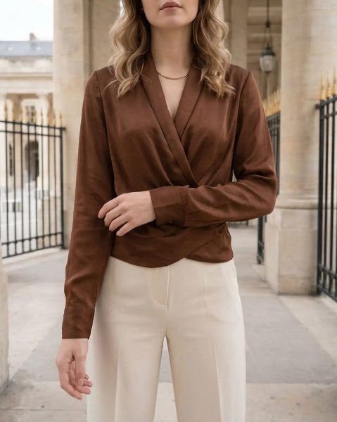 Deep V Neck Cuff Sleeve Back Tie-Up Wrap Top