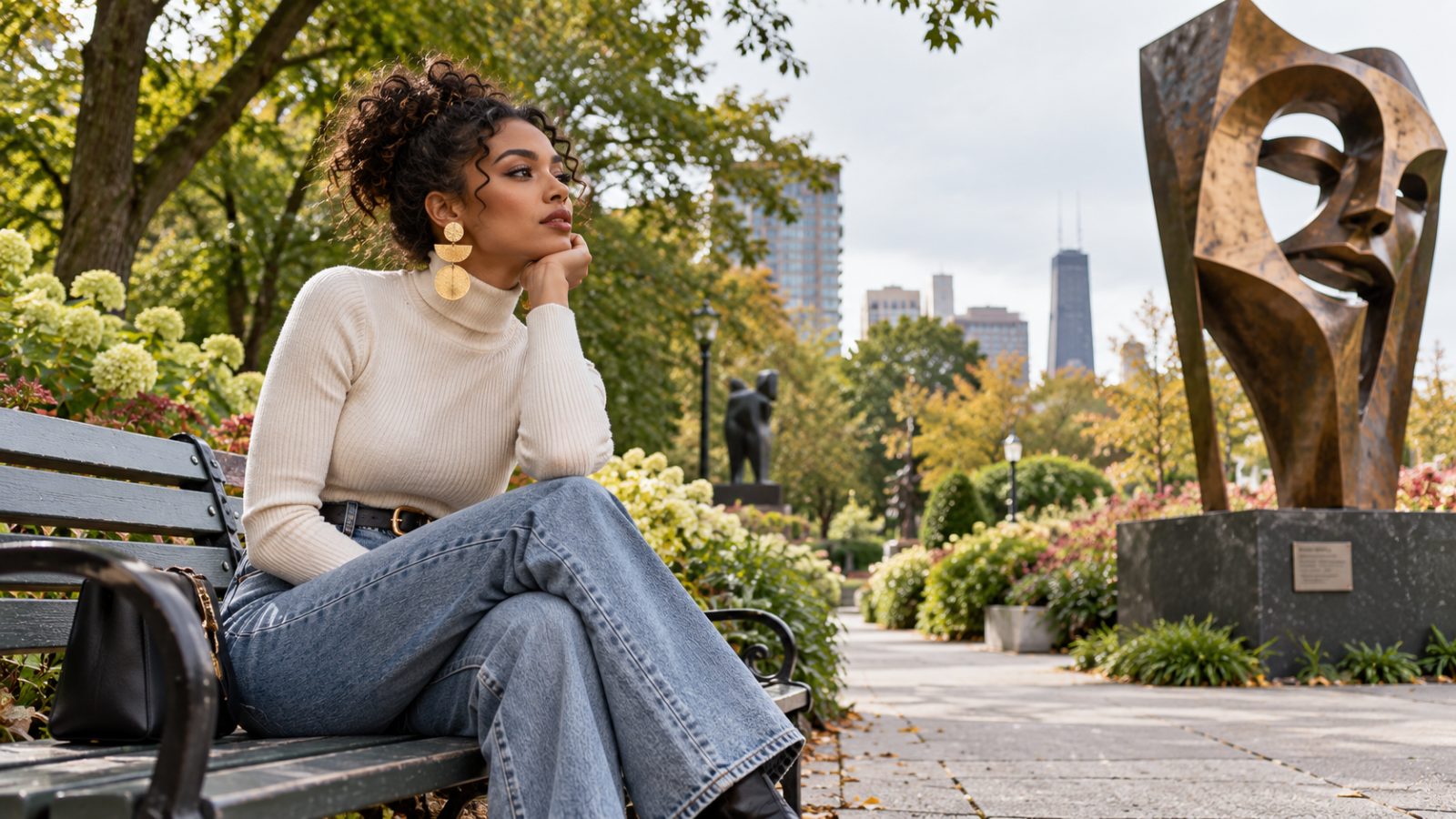 A woman in a park, wearing a turtleneck and bold earrings, looking at art with a calm expression.
