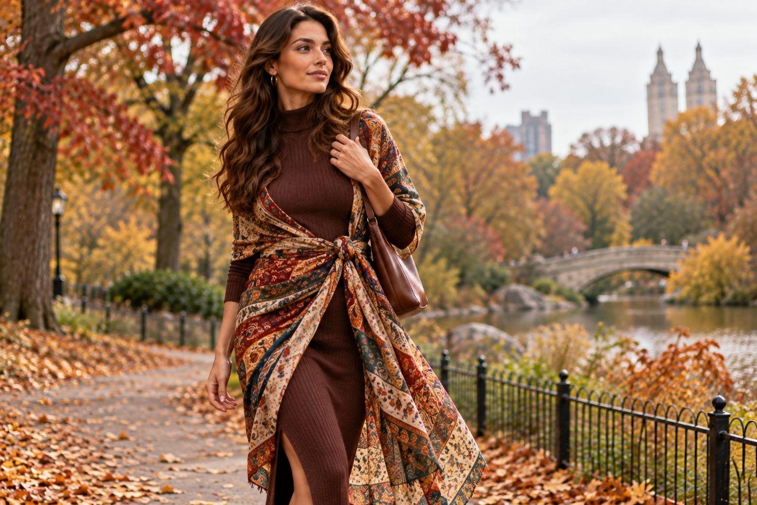 Woman in layered outfit with sarong in park
