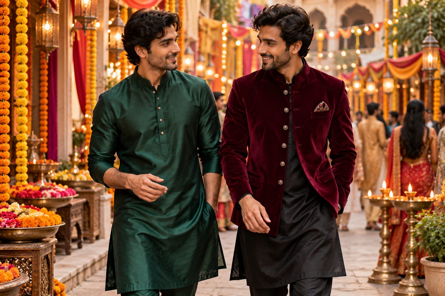 Two male models in festive attire walking through a decorated street, captured in overcast afternoon light.