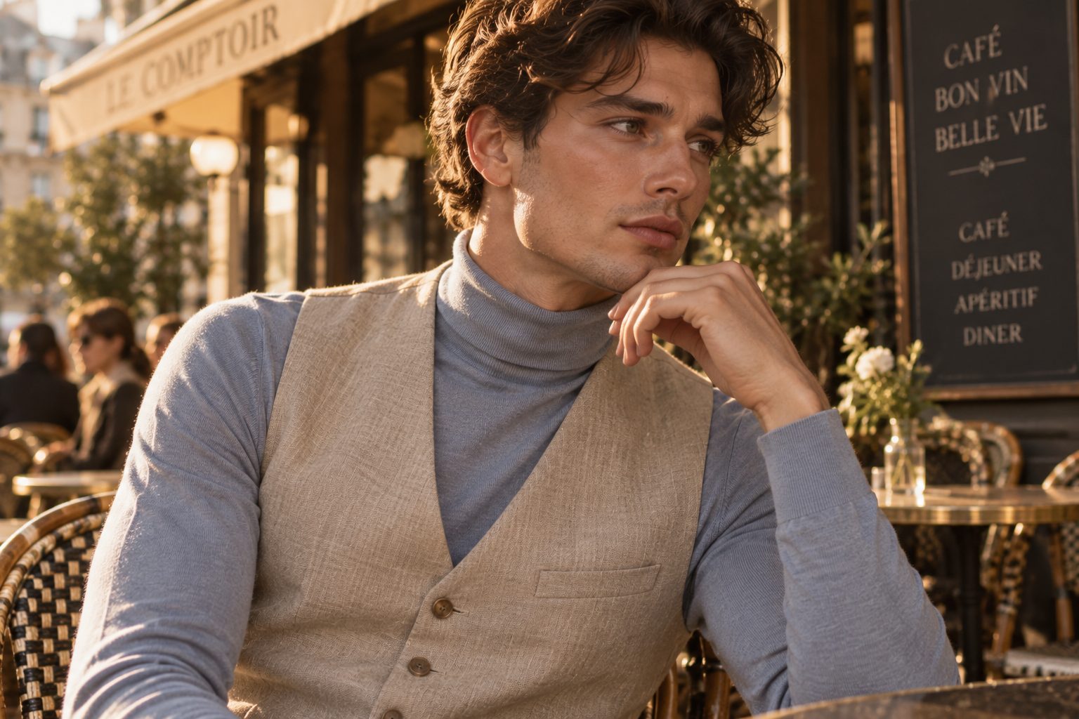 Close-up of a man in a beige linen waistcoat and blue turtleneck, deep in thought at a café.
