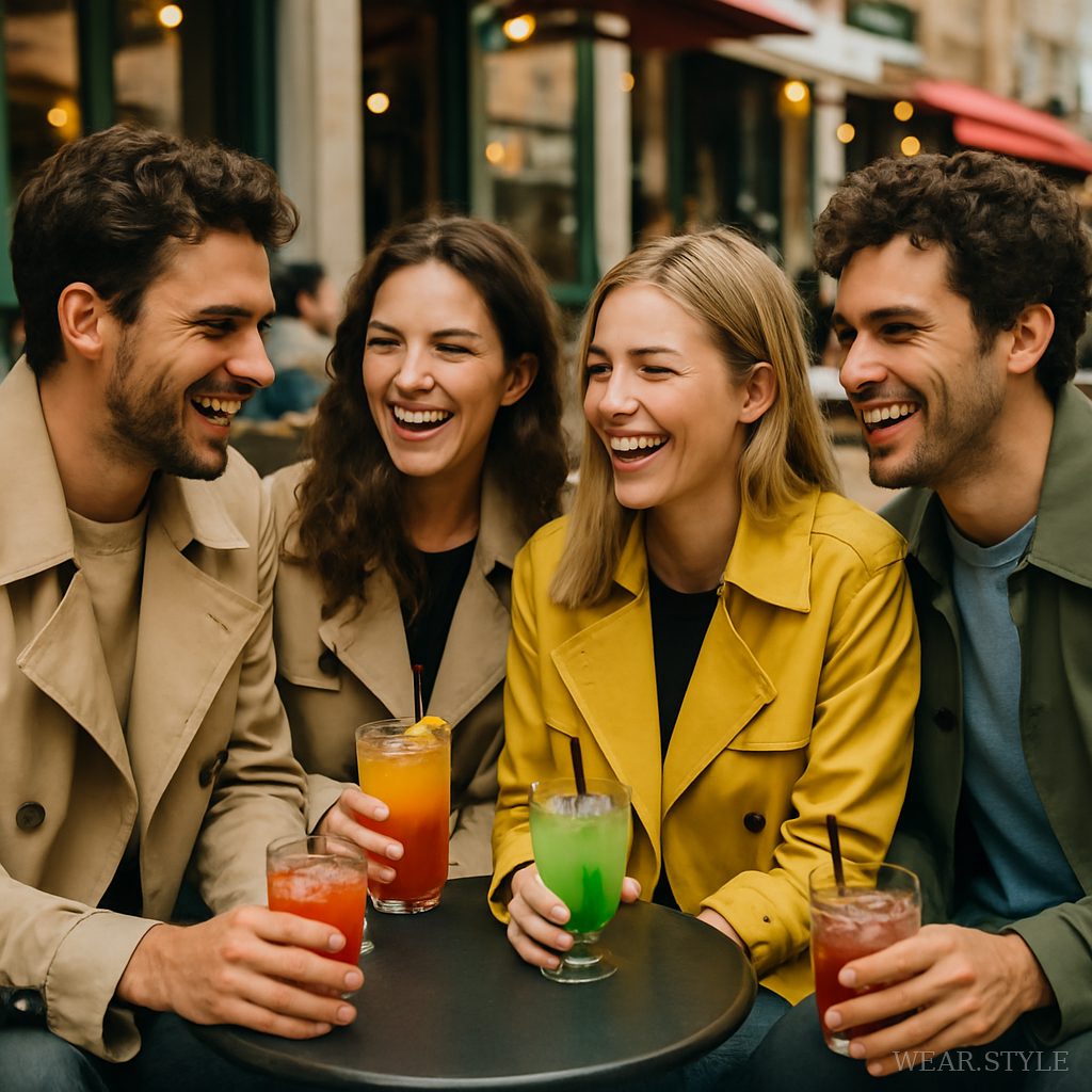 Friends enjoying a café scene in cropped trench coats, embodying spring fashion.