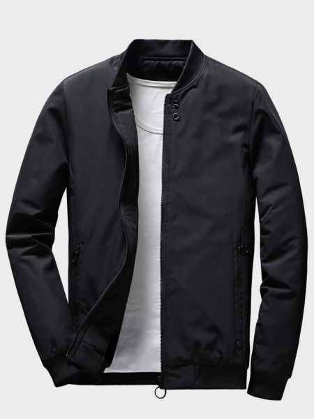 Black Zip Up Baseball Collar Bomber Jacket
