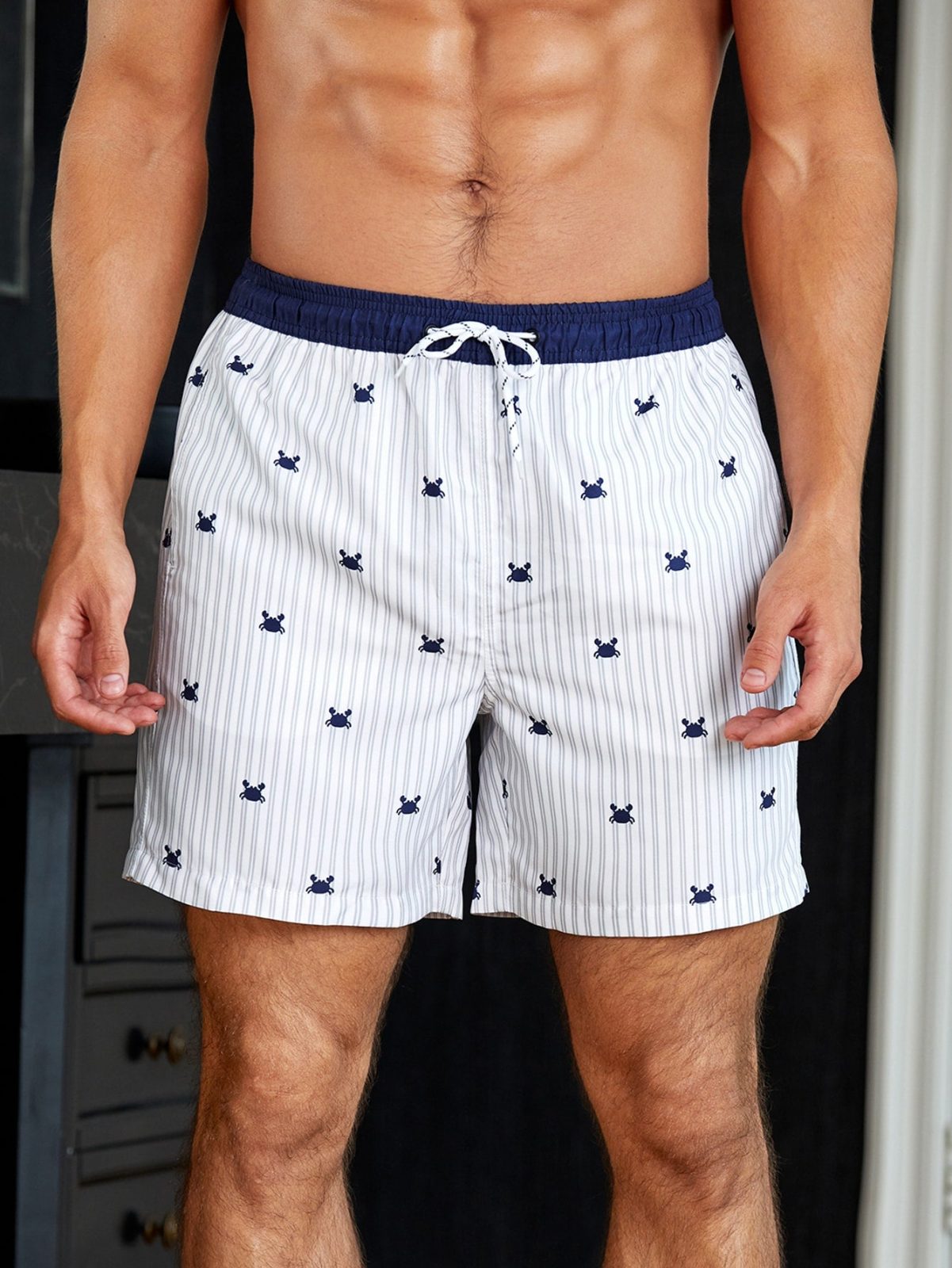 White Striped Crab Print Drawstring Waist Swim Trunks