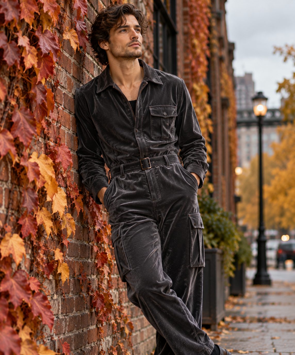 Male model in charcoal grey velvet jumpsuit, leaning against a brick wall, overcast afternoon light.