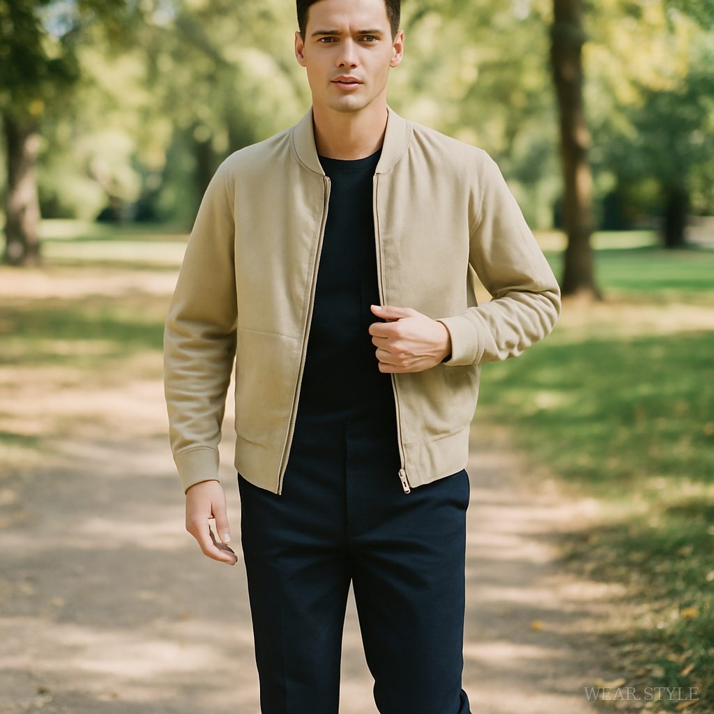 Male model in bomber jacket and tailored trousers walking in a park.