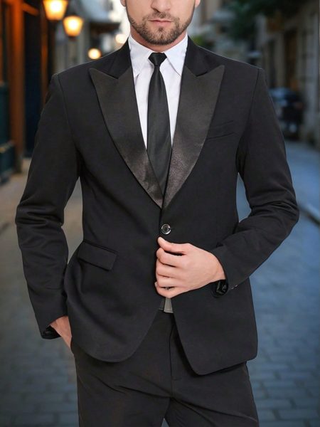 Black Single Front Button Closure Long Sleeve Suit