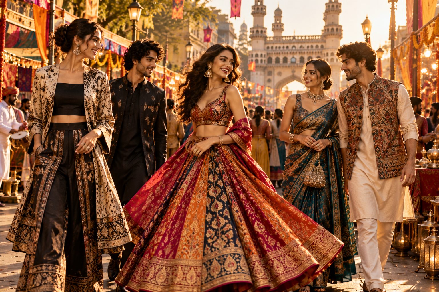 Models in vibrant outfits inspired by Indian textiles on a bustling urban street.