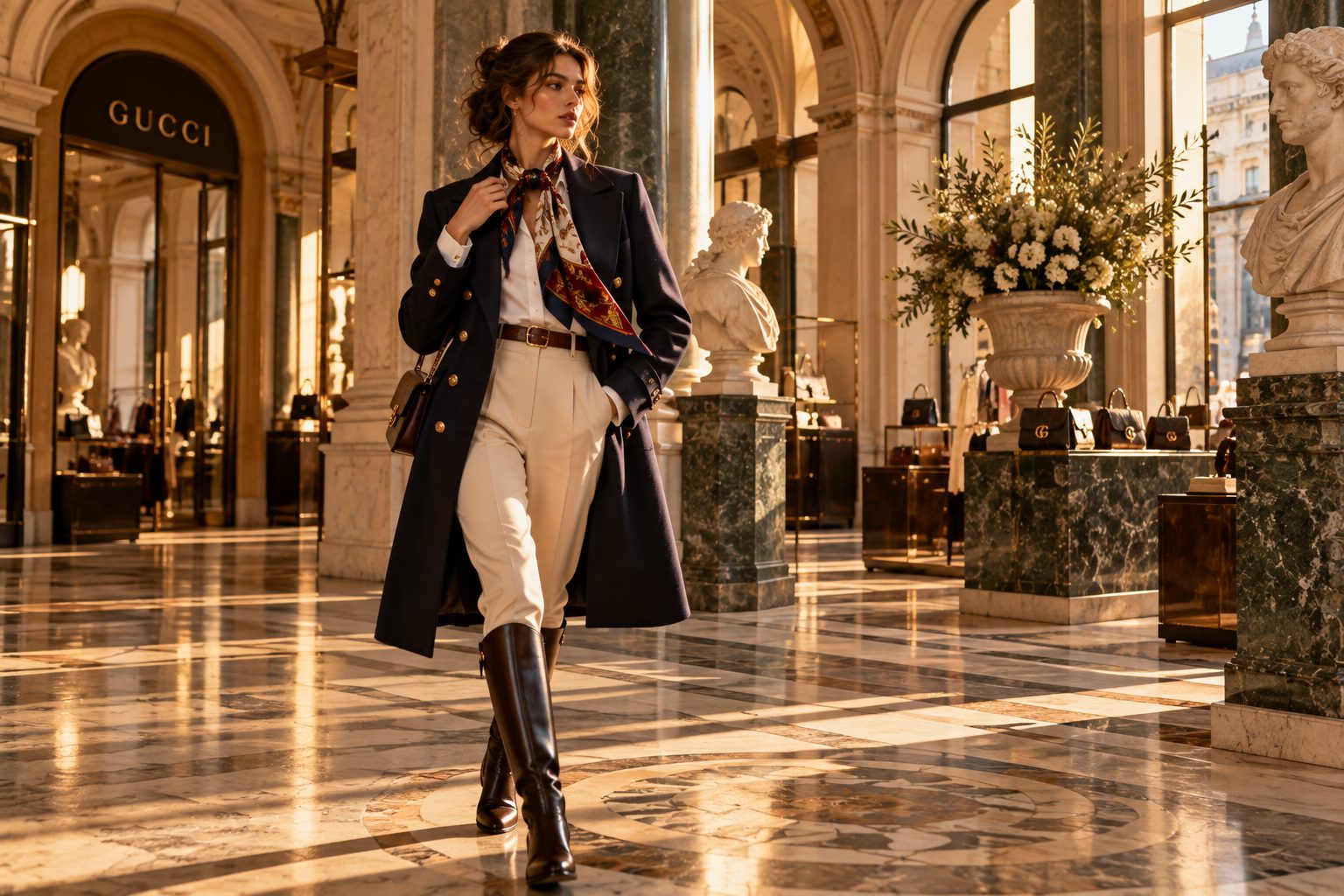 Model in tailored peacoat and silk scarf in a neo-classical Gucci store setting.
