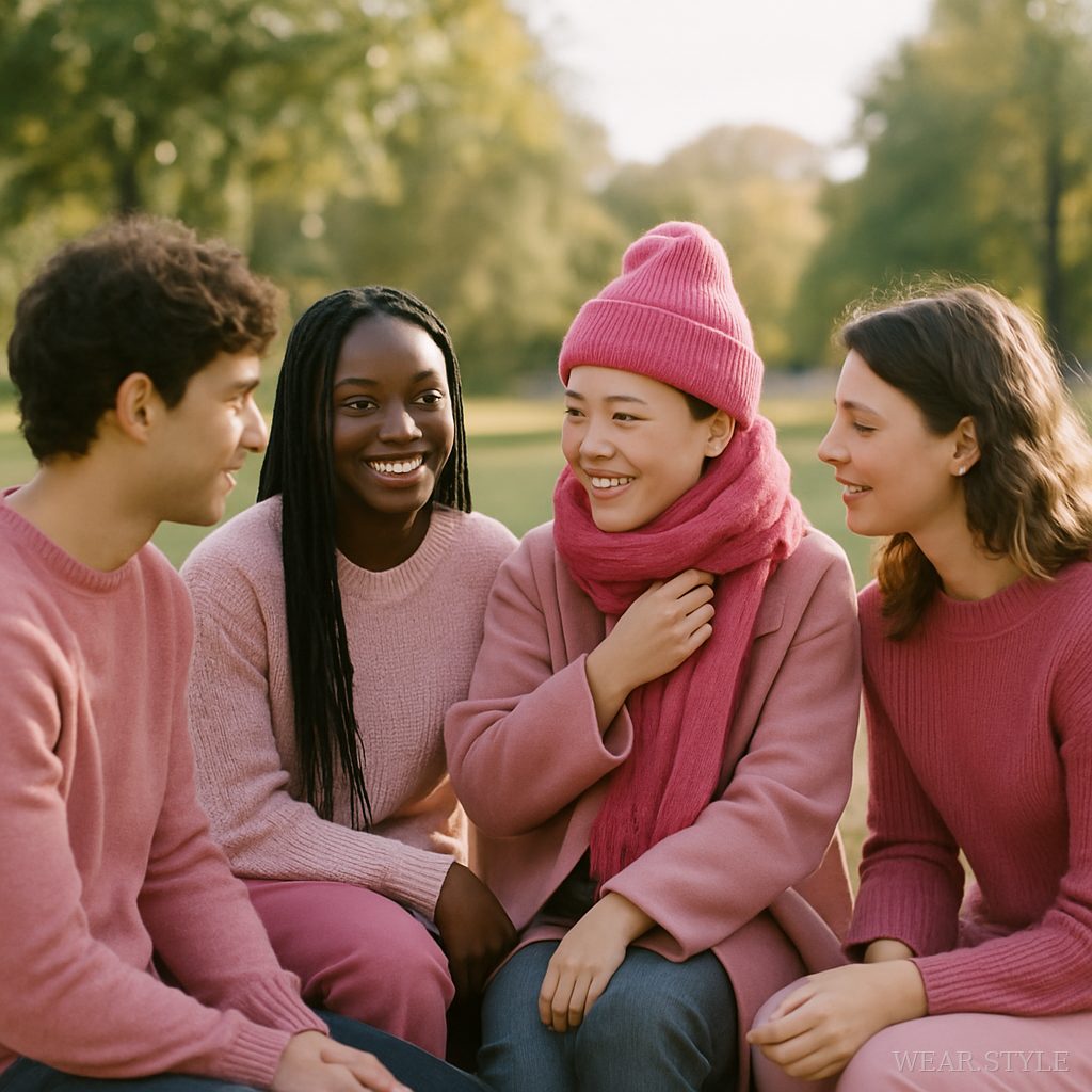 Group of friends dressed in pink enjoying a sunny autumn day in the park.