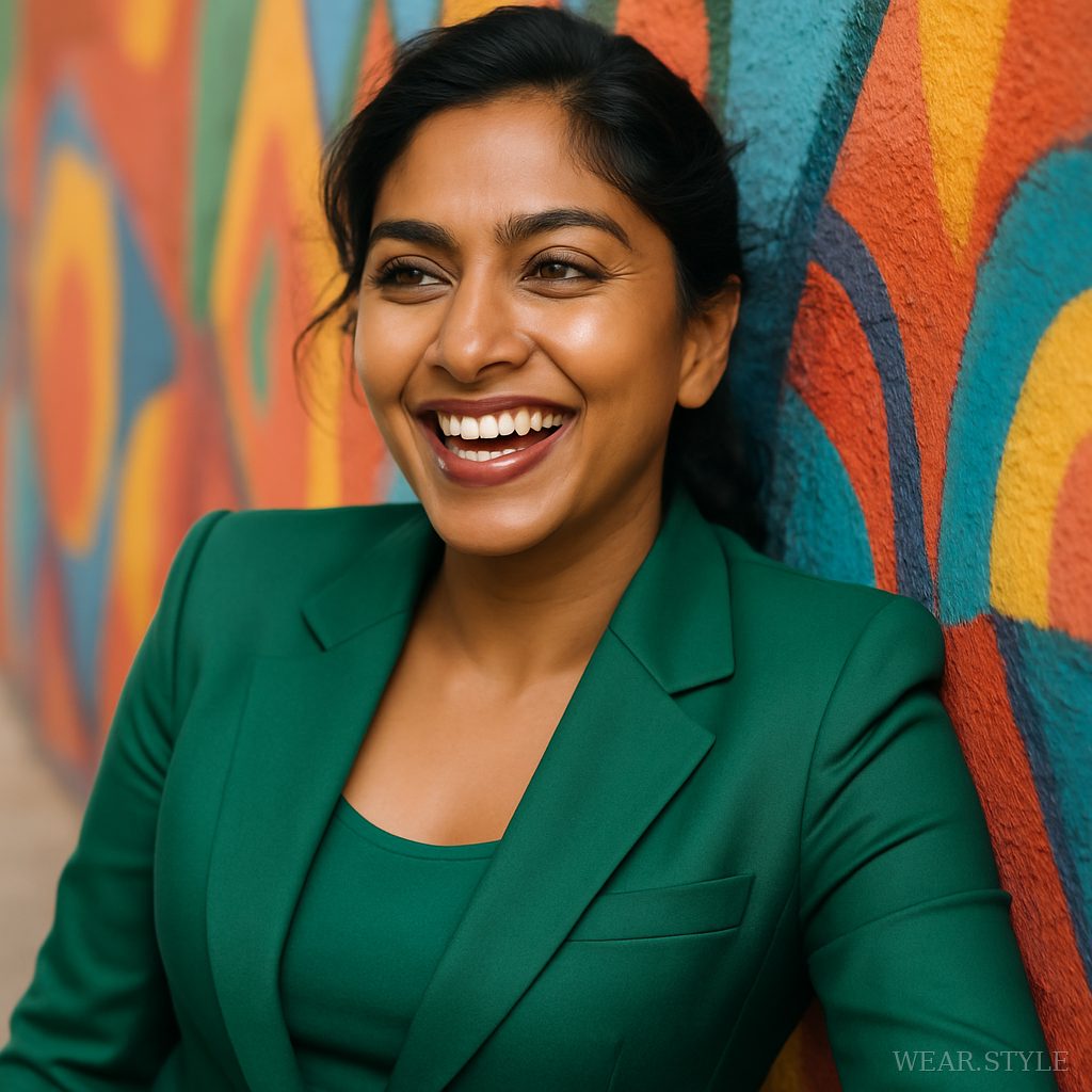 Close-up of an Indian woman in an emerald green blazer, smiling against a colorful mural.