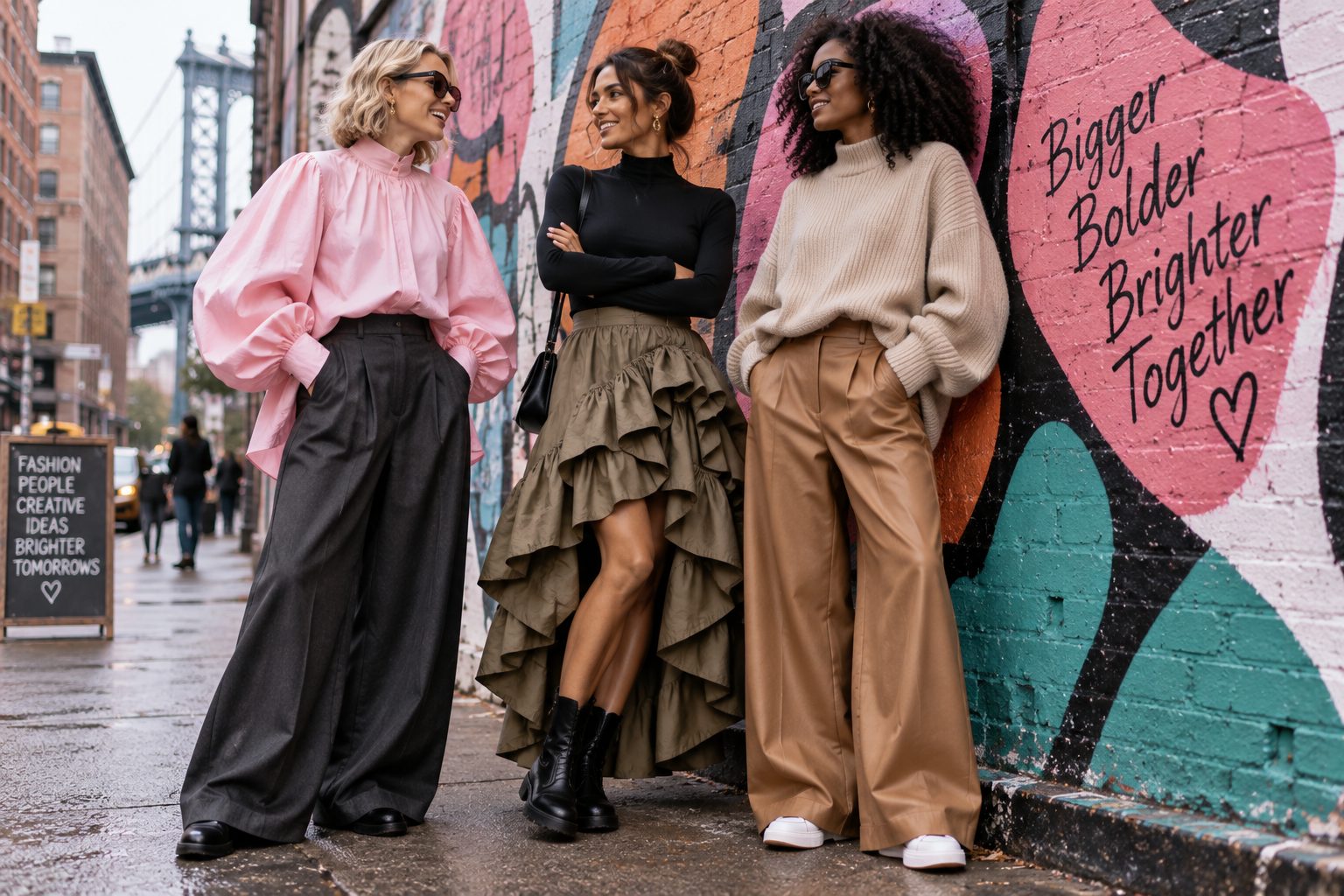 Group of models showcasing bold silhouettes in an urban environment