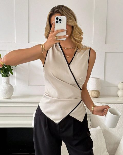 Deep V Neck Sleeveless Contrast Trim Wrap Top