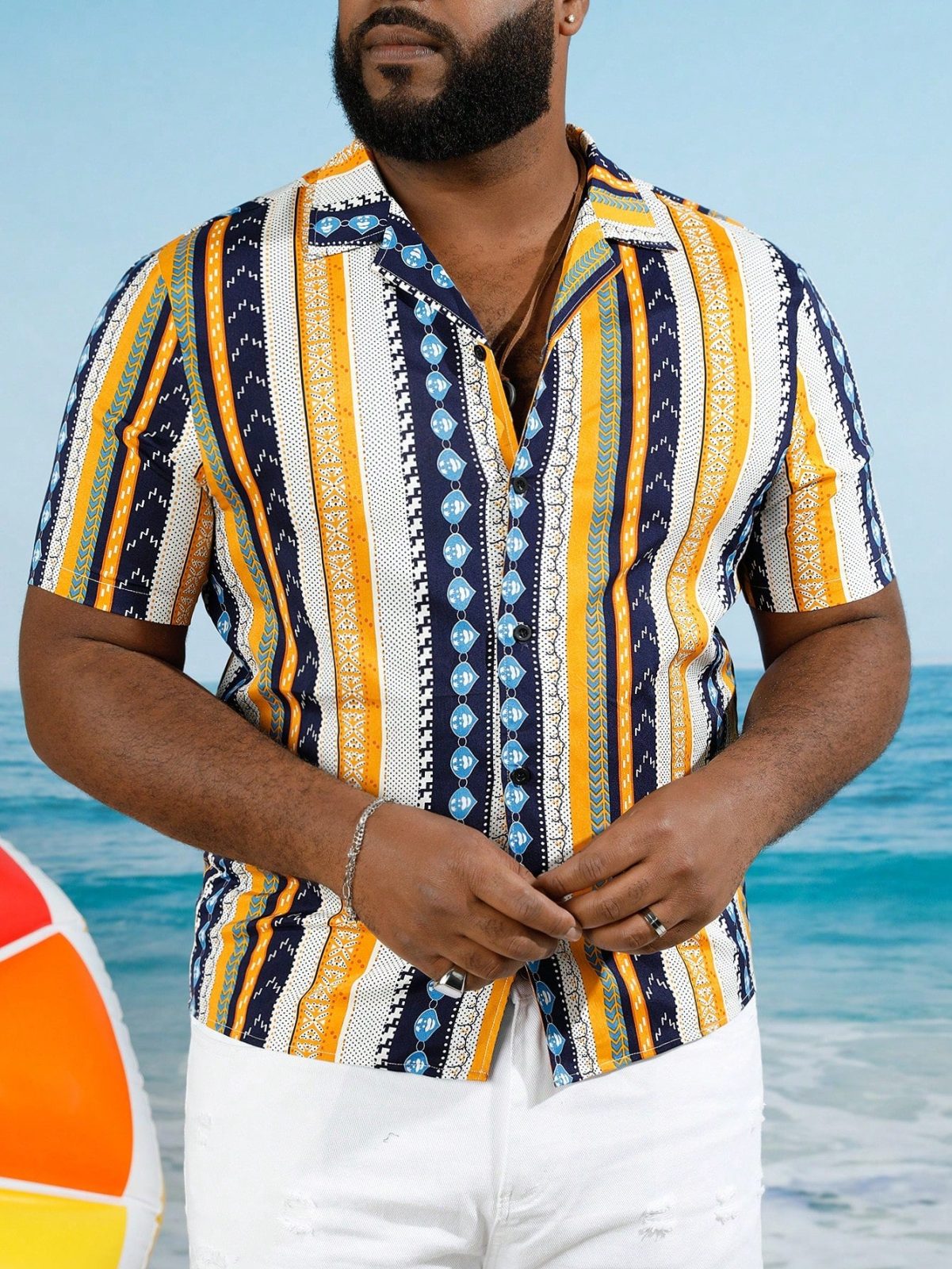 Striped Geo Print Button Front Shirt