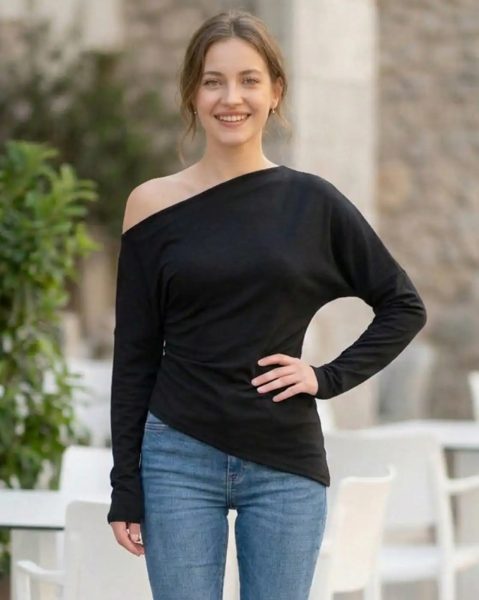 Asymmetric Neck Full Sleeve Side Slit Top