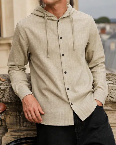 Men Full Sleeve Striped Hooded Shirt