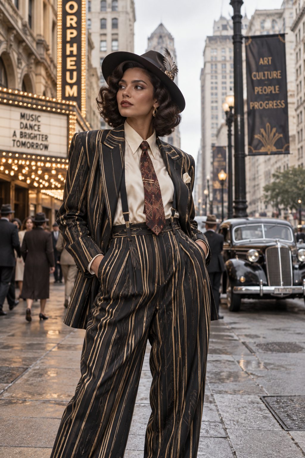 Model in a bold patterned zoot suit standing on a city street, looking off-frame in soft overcast light
