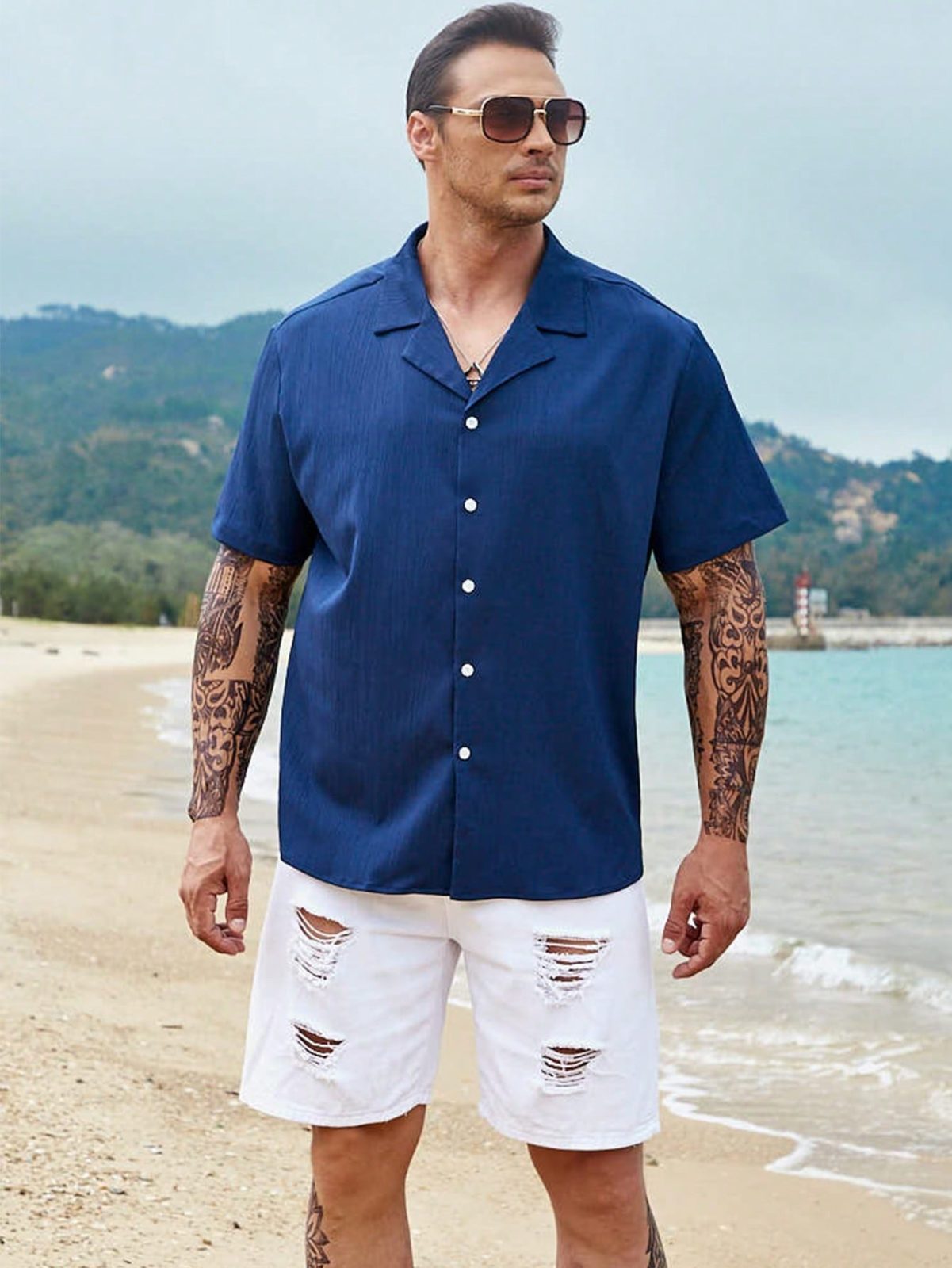 Navy Blue Button Up Lapel Neck Shirt