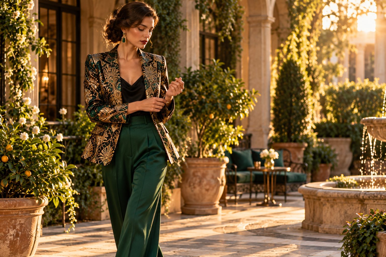Model in tailored blazer and high-waisted trousers in a sunlit courtyard, showcasing sustainable fashion.