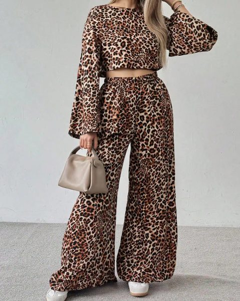 Bell Sleeve Animal Print Top And Elasticated Waist Pant Set