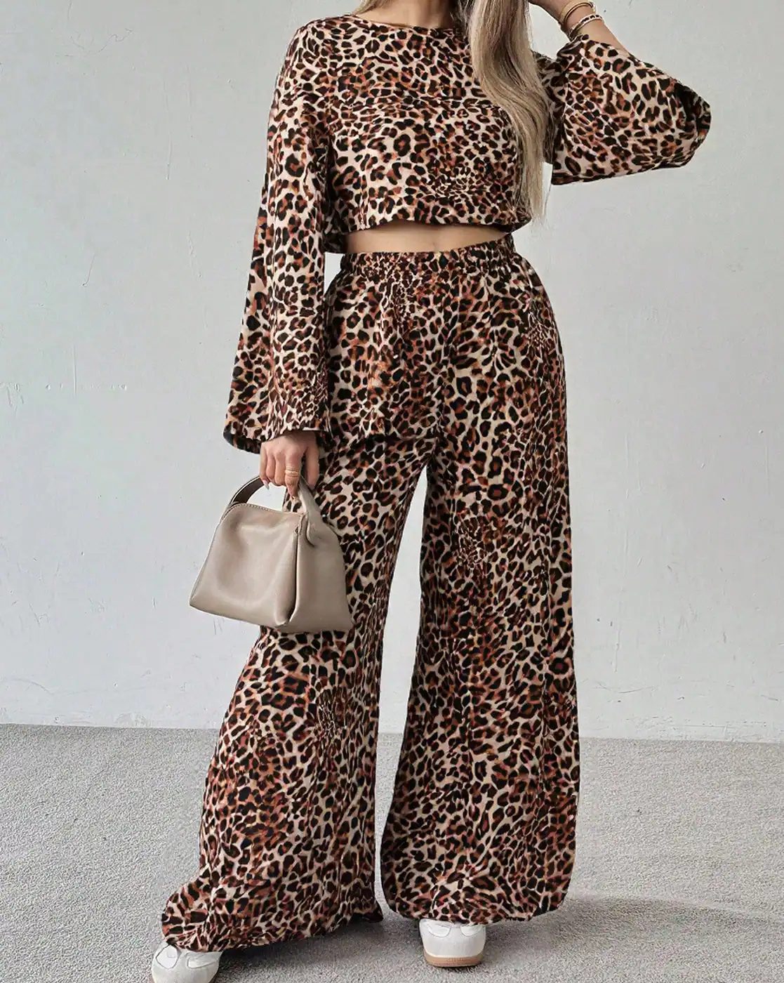Bell Sleeve Animal Print Top & Elasticated Waist Pant