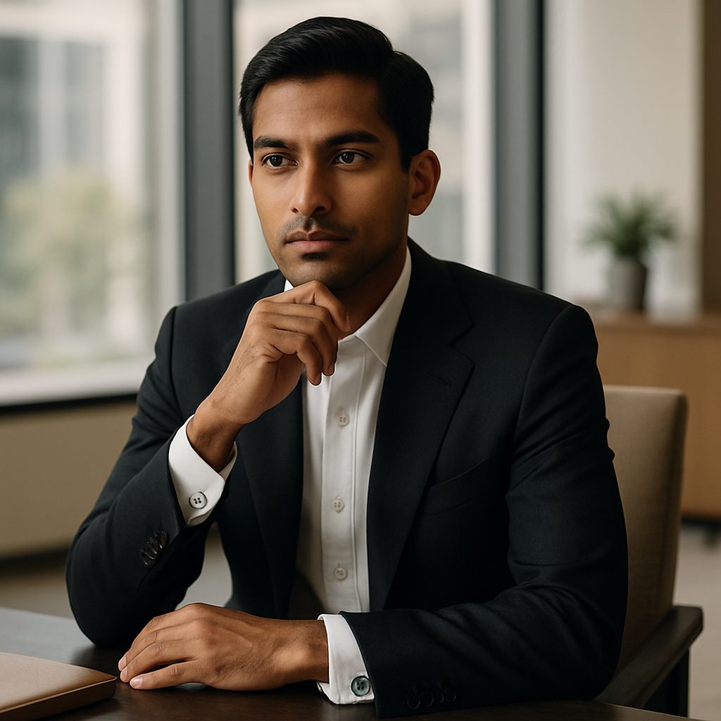 Indian model wearing minimalist cufflinks in a modern office