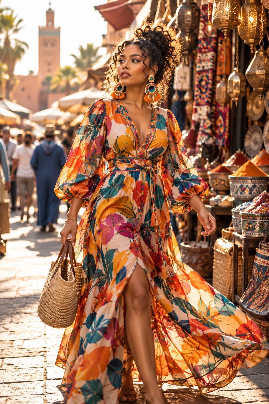 A woman in a flowing maxi dress walking through a market, with bold earrings catching the light.