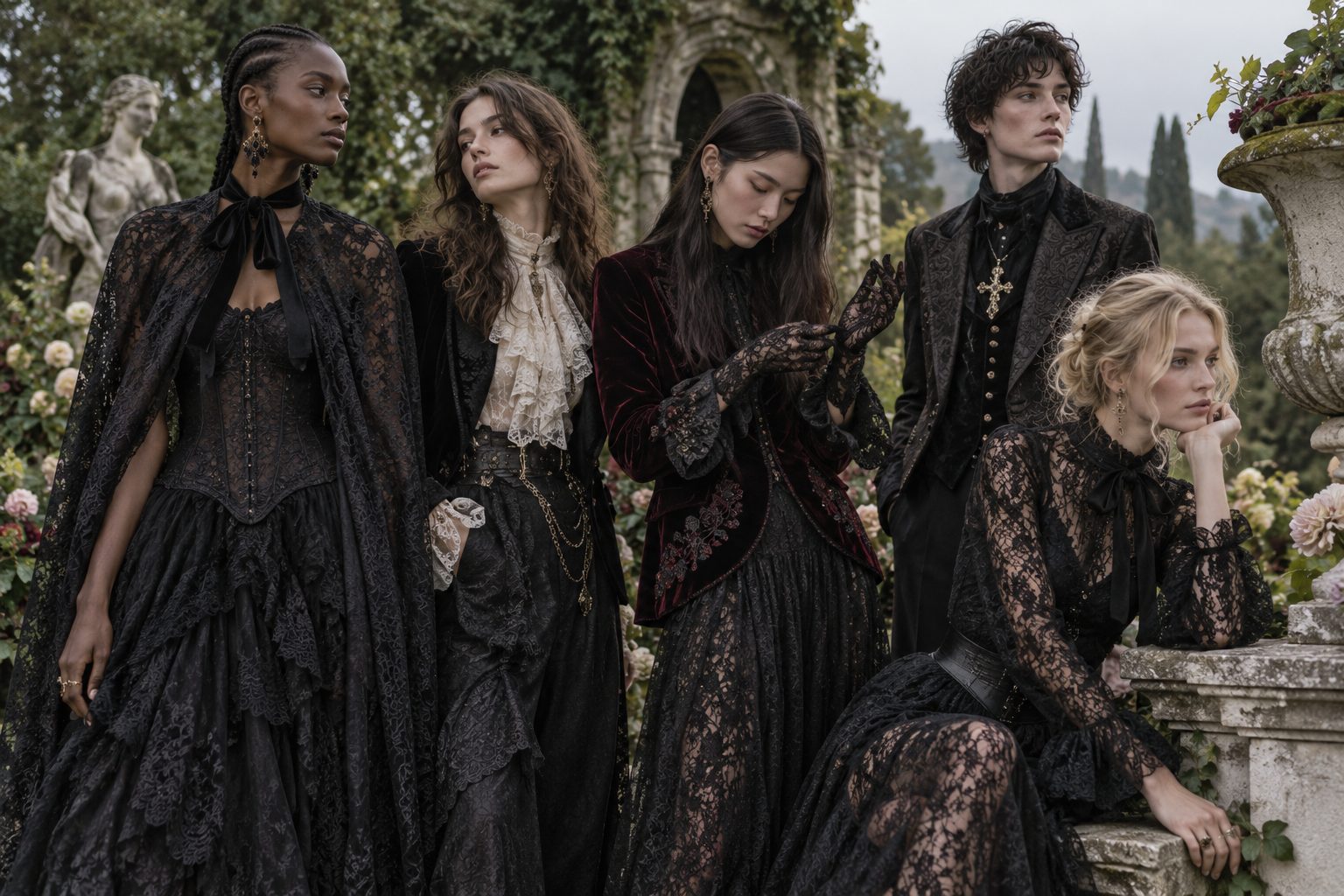 Models in gothic-inspired outfits in a lush garden.
