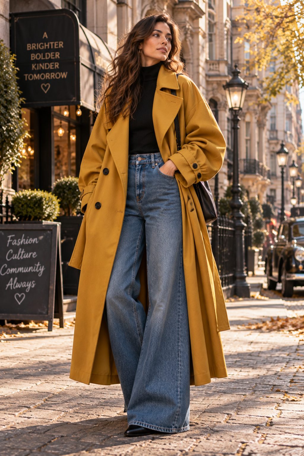 Model in mustard trench coat against a vintage urban backdrop