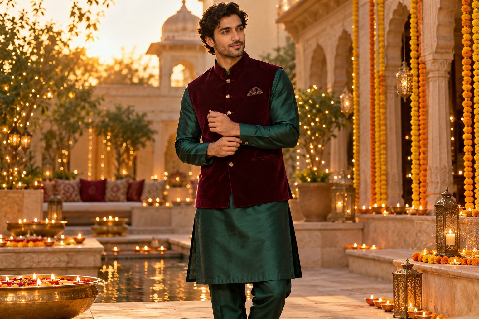 Male model in burgundy velvet Nehru jacket and emerald silk kurta, adjusting cuff in golden hour light.