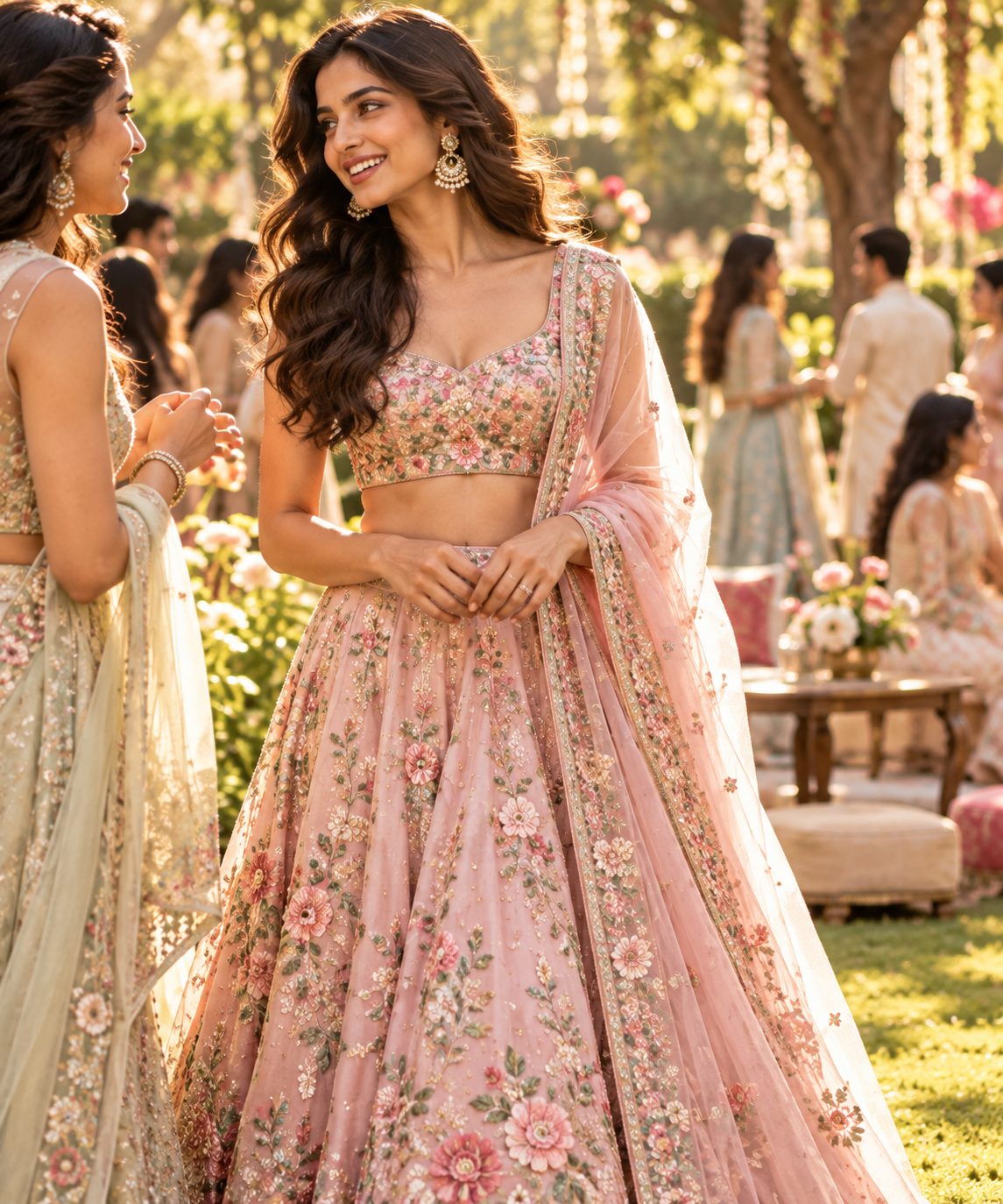 A female model in a pastel pink lehenga chats in a sunlit garden.