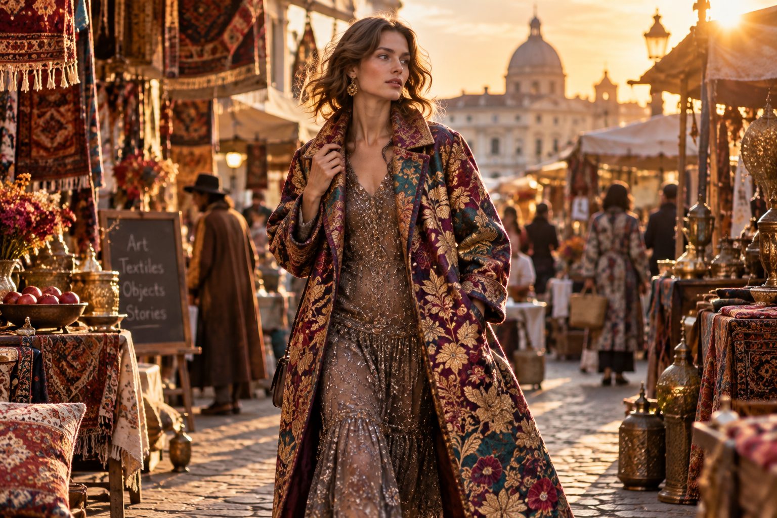 Model in vibrant embroidered coat at a lively market during golden hour.