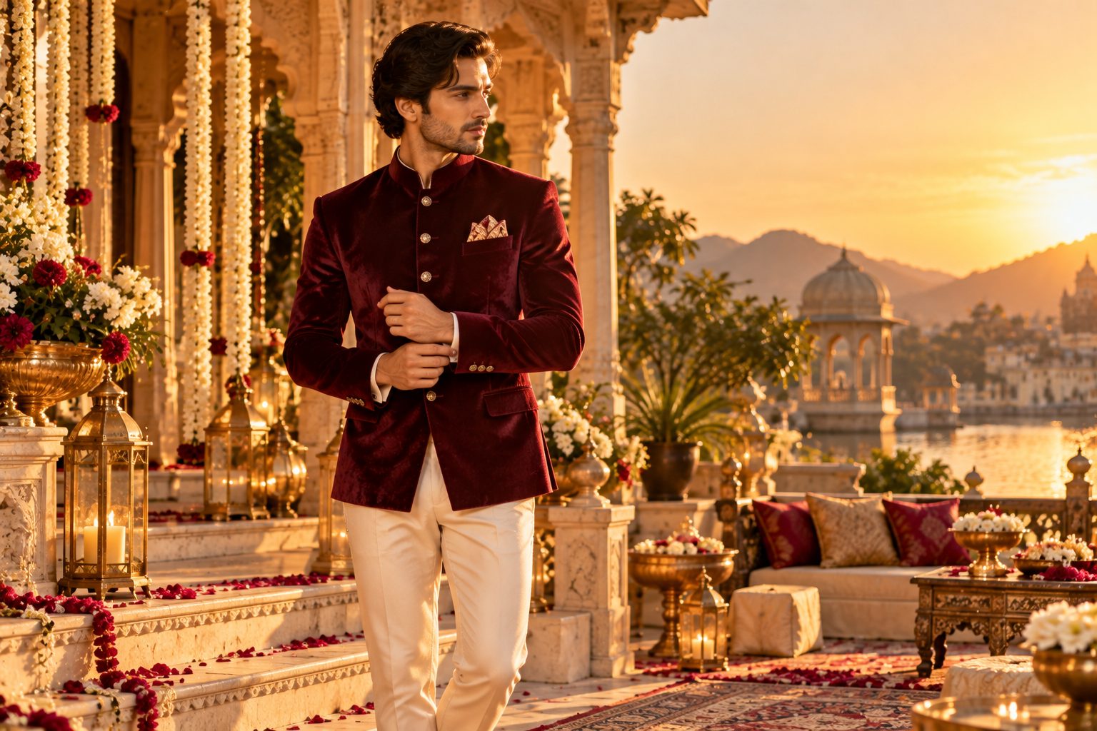 Male model in modern maroon bandhgala jacket with cream trousers, golden hour outdoor setting.