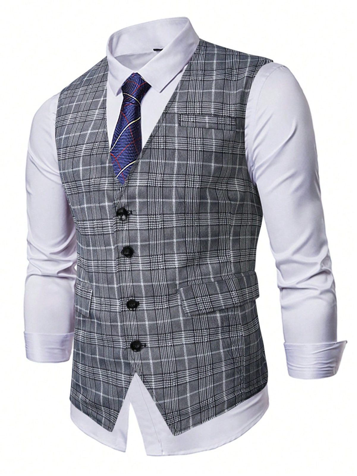 Grey Plaid Print V-Neck Waistcoat