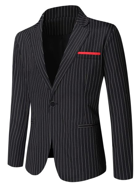 Black Striped Print Single Button Lapel Neck Blazer