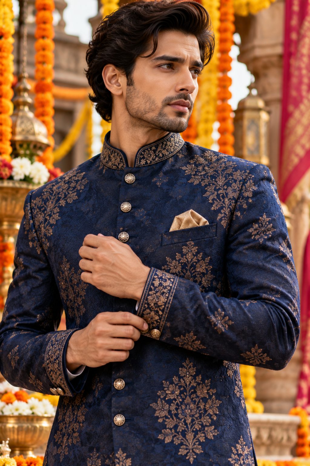 Close-up of male model in midnight blue bandhgala, soft overcast light, festive backdrop.